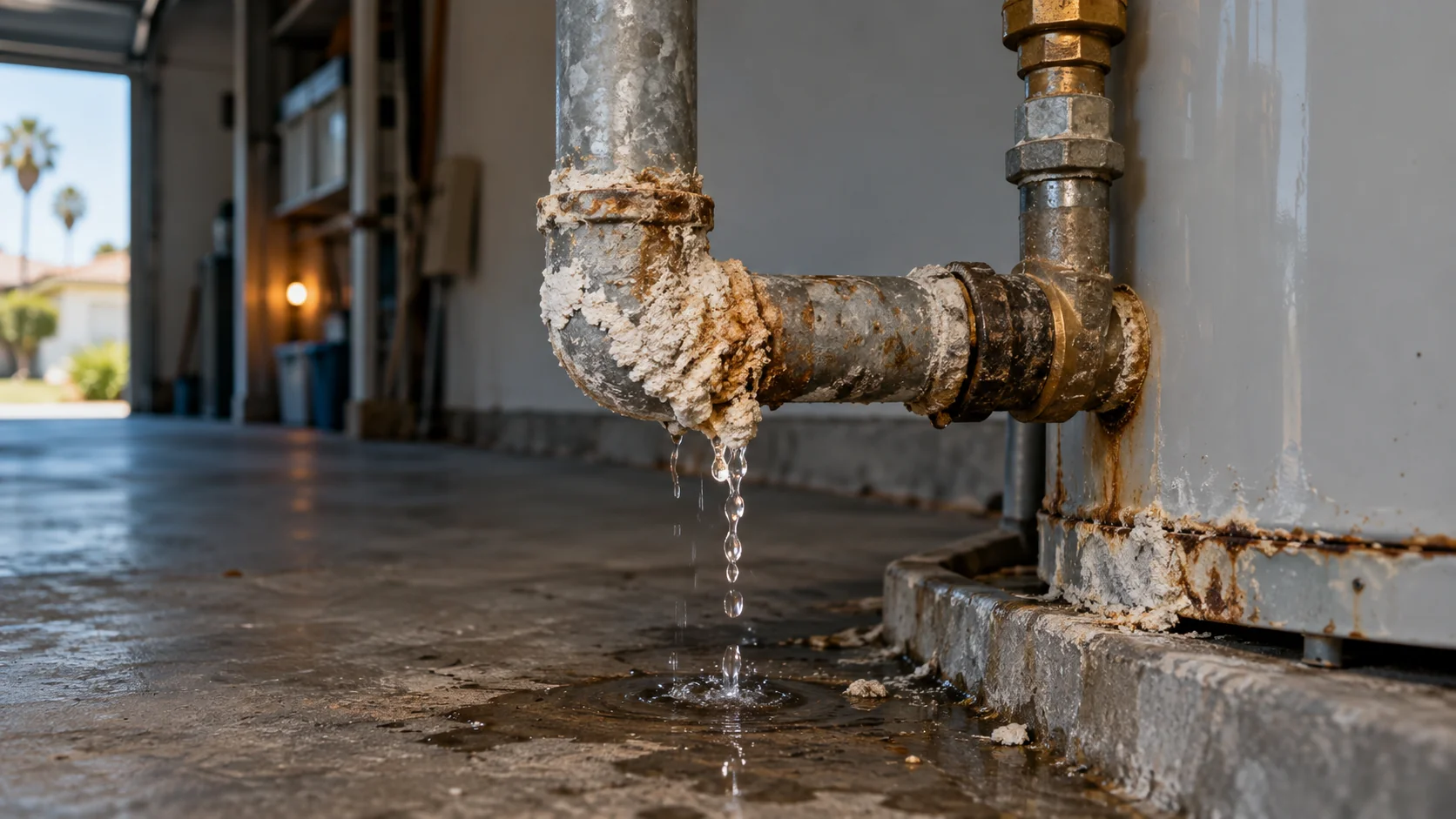 Corroded galvanized pipe joint and a scaled water heater line dripping onto an Anaheim garage floor