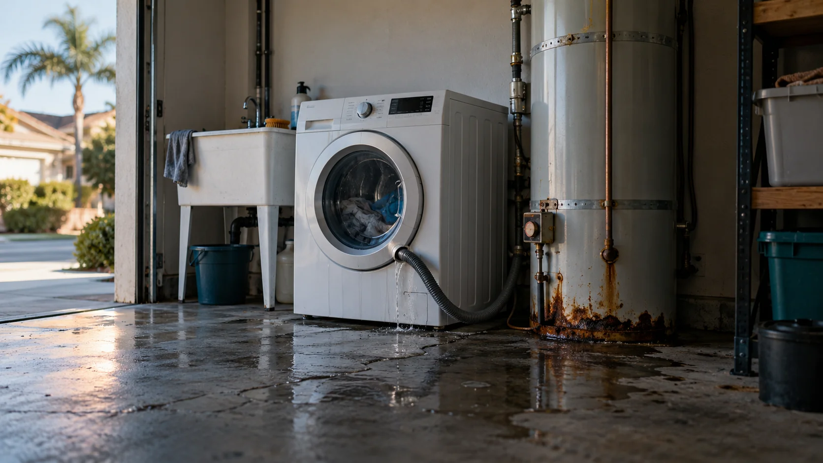 Garage laundry corner with a bulging washing machine hose and a rusty water heater over a wet floor