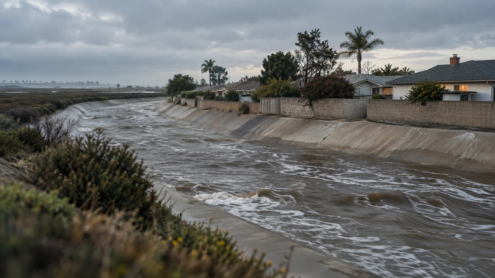 Flood control channel full of stormwater behind one-story homes near the Bolsa Chica wetlands