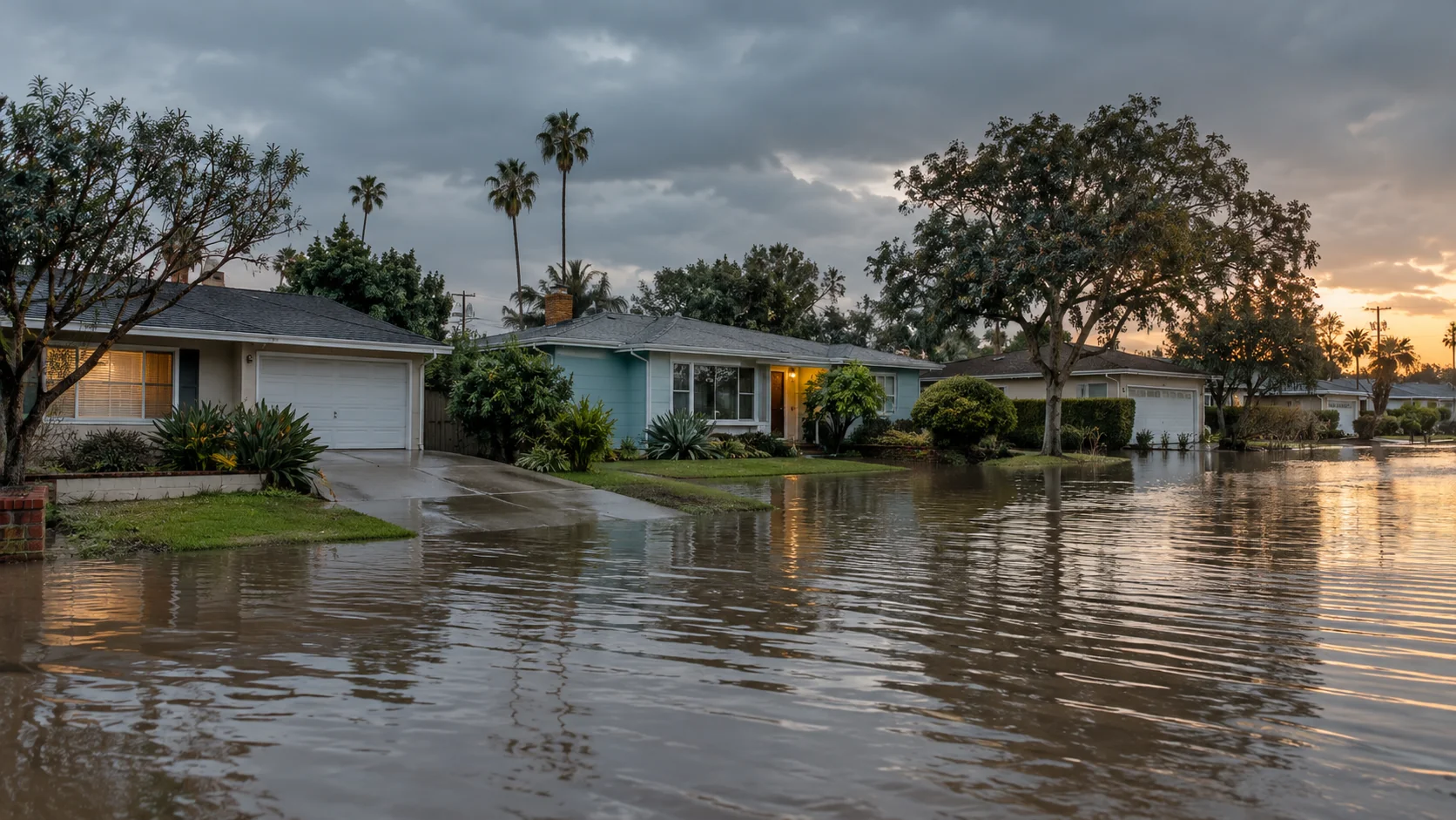 Shallow brown floodwater across driveways and lawns of 1950s tract homes in Buena Park after heavy rain