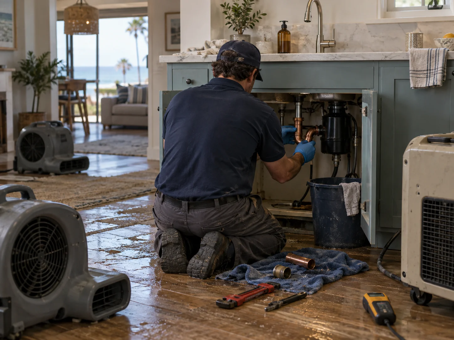 Plumber kneeling at an open sink cabinet replacing a cut section of copper pipe