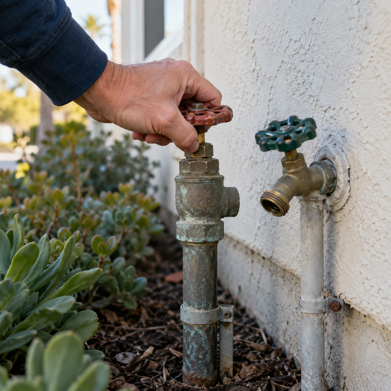 Hand turning the main water shut-off valve on a pipe at the front of a house beside the hose bib