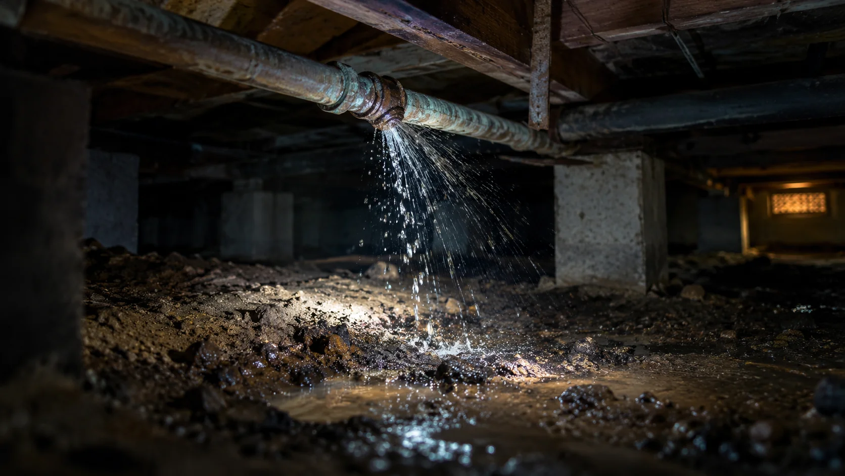 Leaking pipe spraying in a dim crawlspace under a raised-foundation house with a flashlight beam