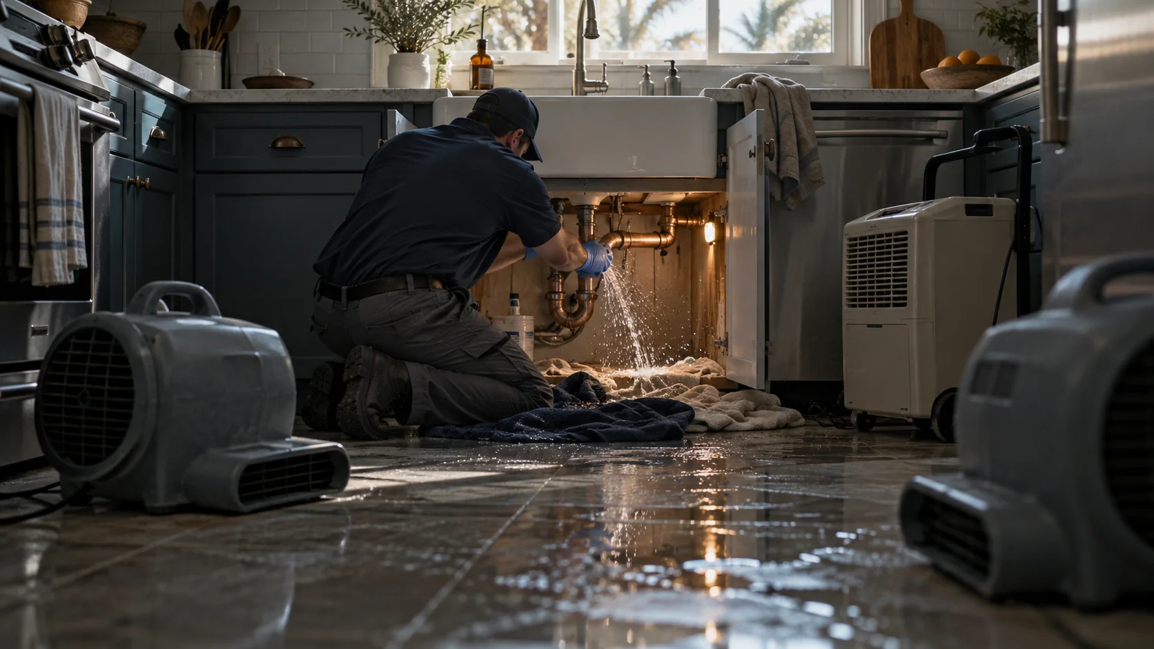 Burst copper pipe spraying water inside a sink cabinet and flooding the tile kitchen floor