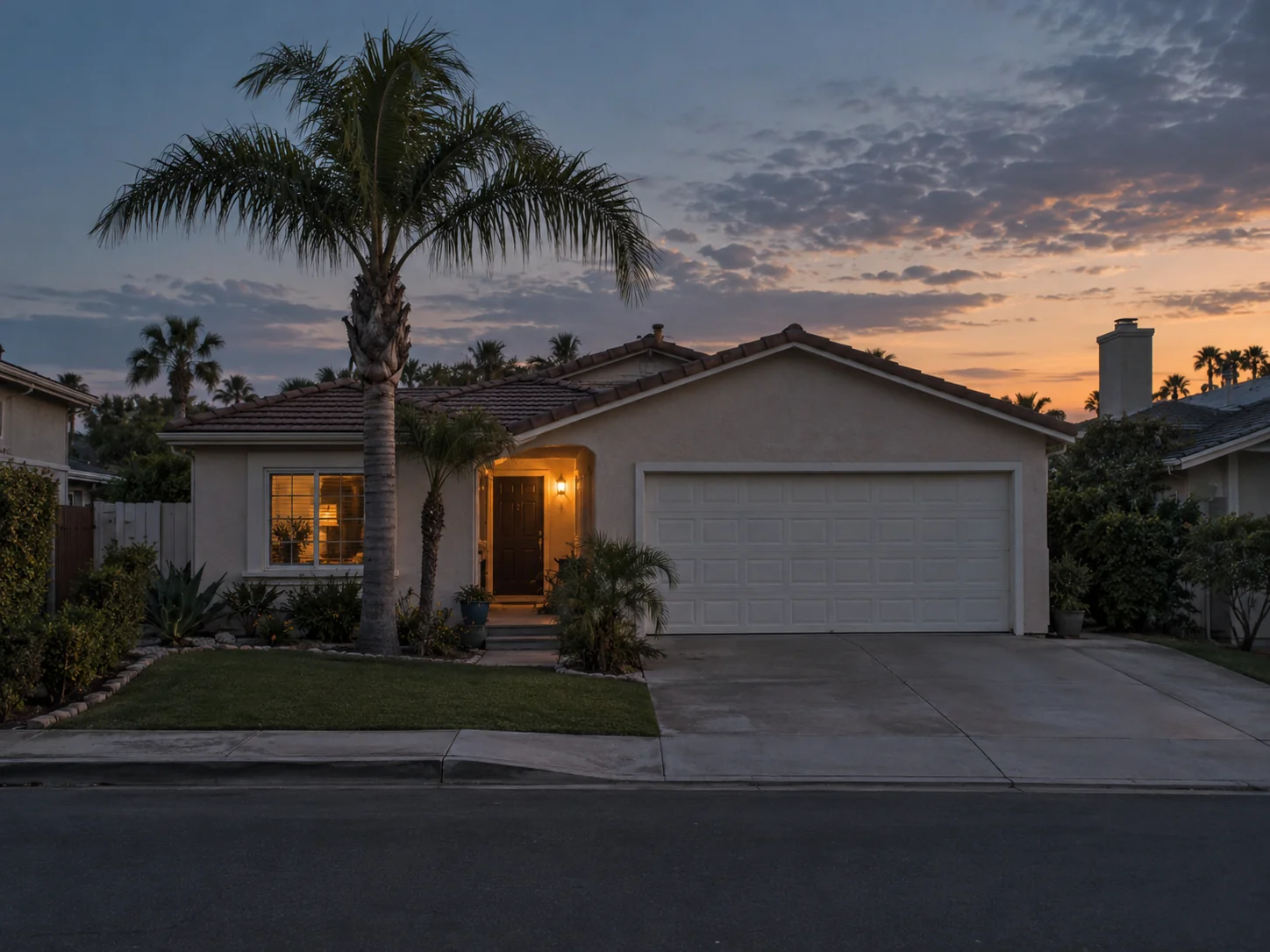 One-story Huntington Beach stucco house with a two-car garage and a palm tree at dusk