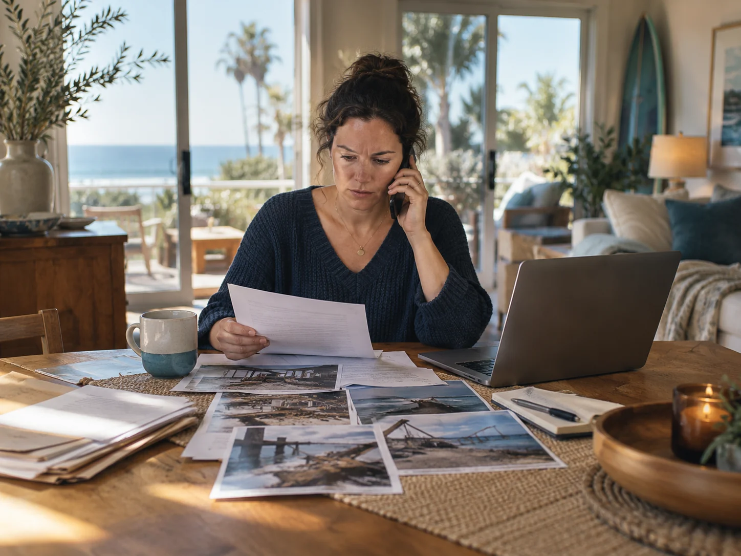 Homeowner on the phone at a dining table with claim documents, photos and an open laptop