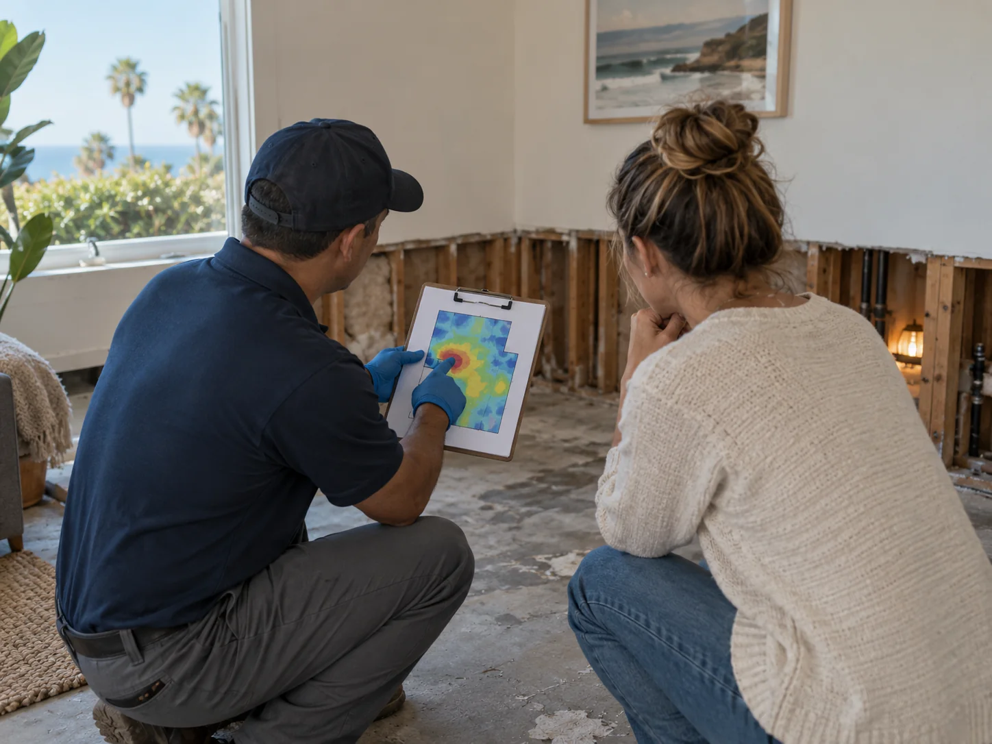Technician and homeowner talking in a room with cut-out drywall as the technician points at a moisture map
