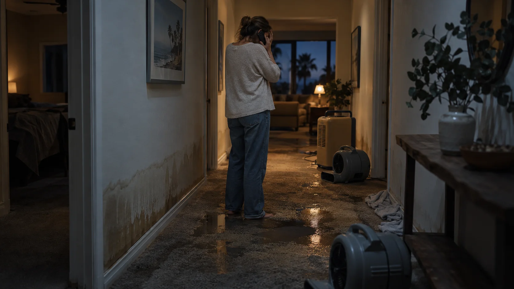 Worried homeowner on the phone in a hallway with soaked carpet and a water line on the drywall