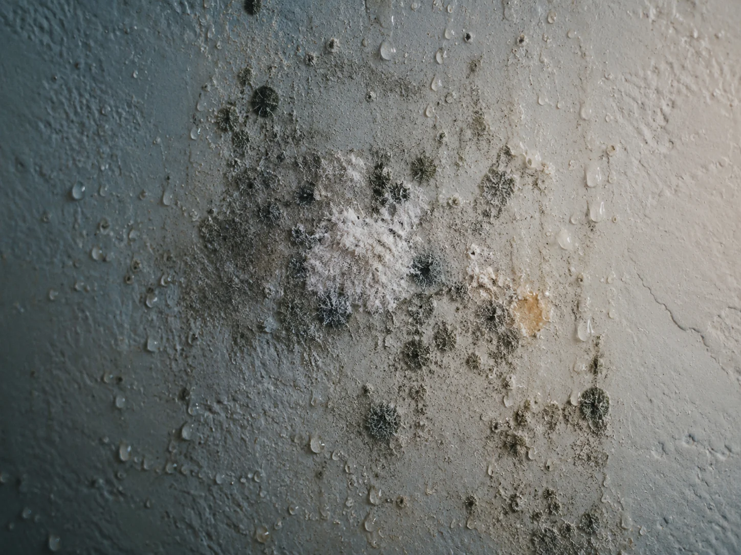 Close-up of early white and gray mold spots on damp painted drywall with water droplets