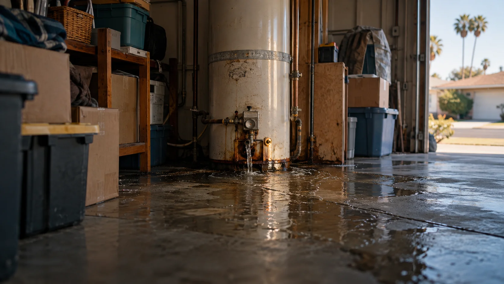 Failed water heater flooding the garage floor of a Huntington Beach tract home under stored boxes