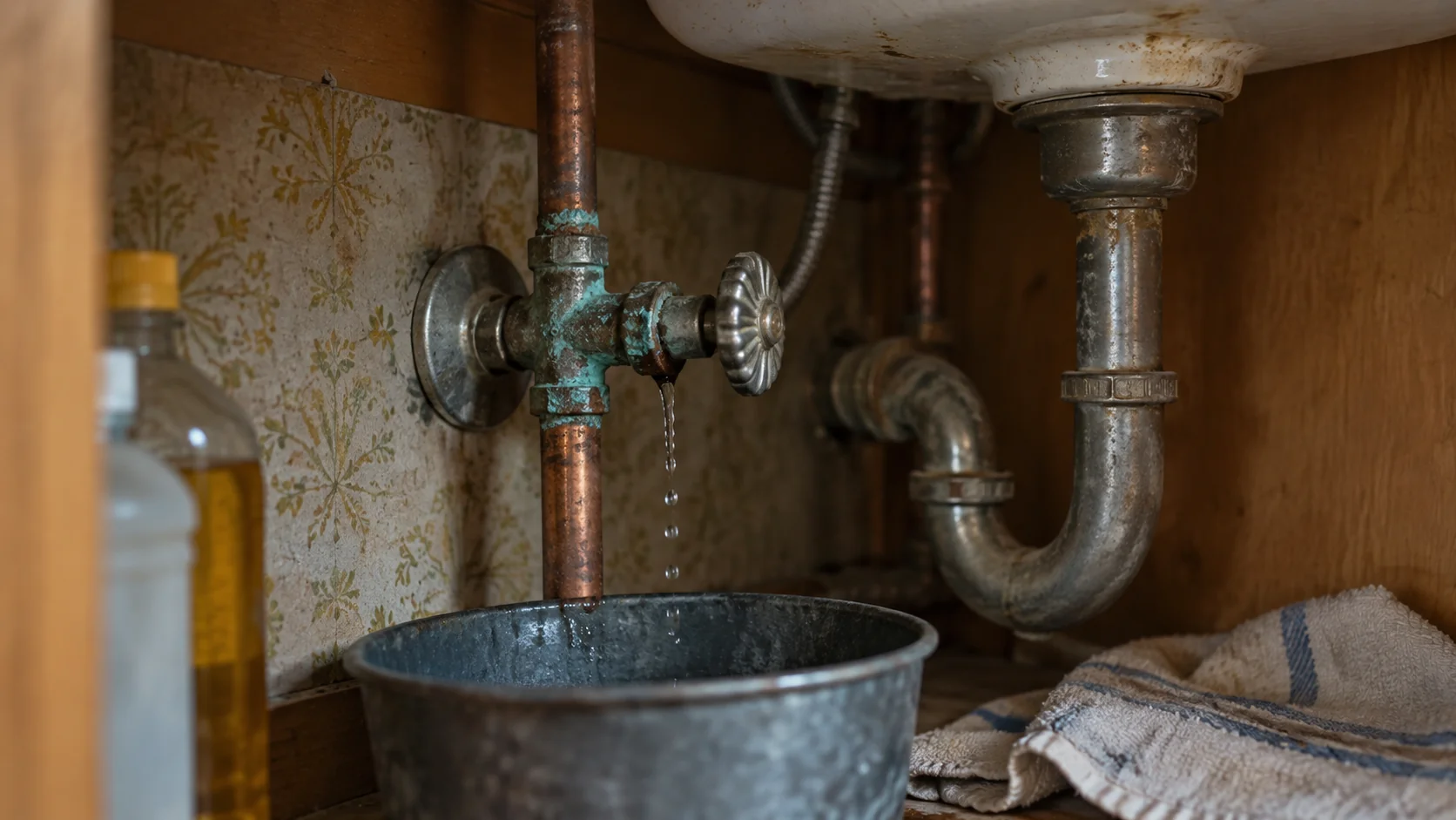 Corroded copper supply line leaking at the angle stop under a kitchen sink in a 1970s Cerritos home