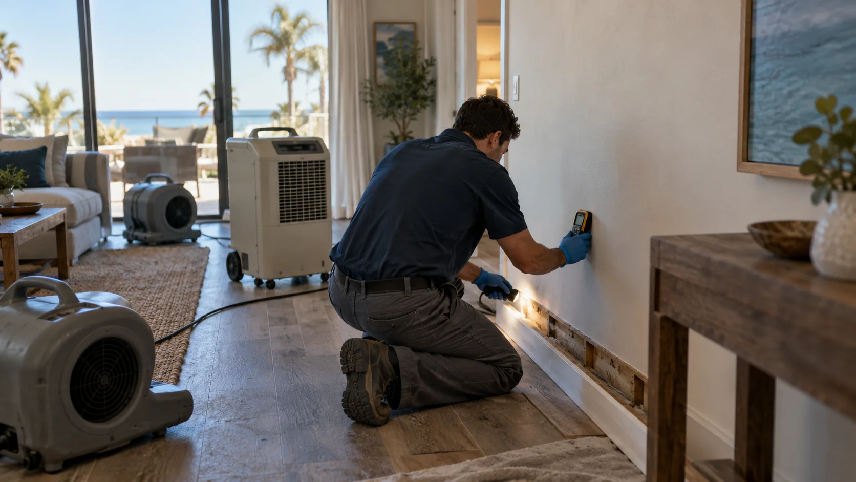 Technician with a flashlight and moisture meter checking behind a pulled-back baseboard