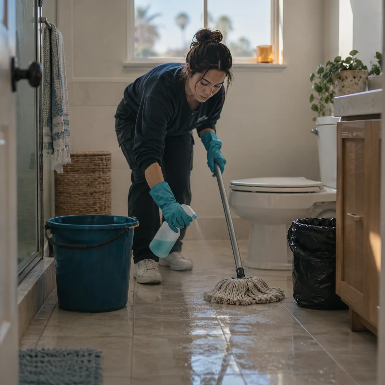Gloved hands mopping and spraying disinfectant around a toilet with a bucket and bin bag nearby