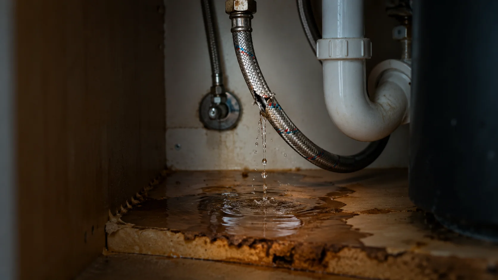 Cracked braided supply hose leaking under a kitchen sink and swelling the cabinet floor
