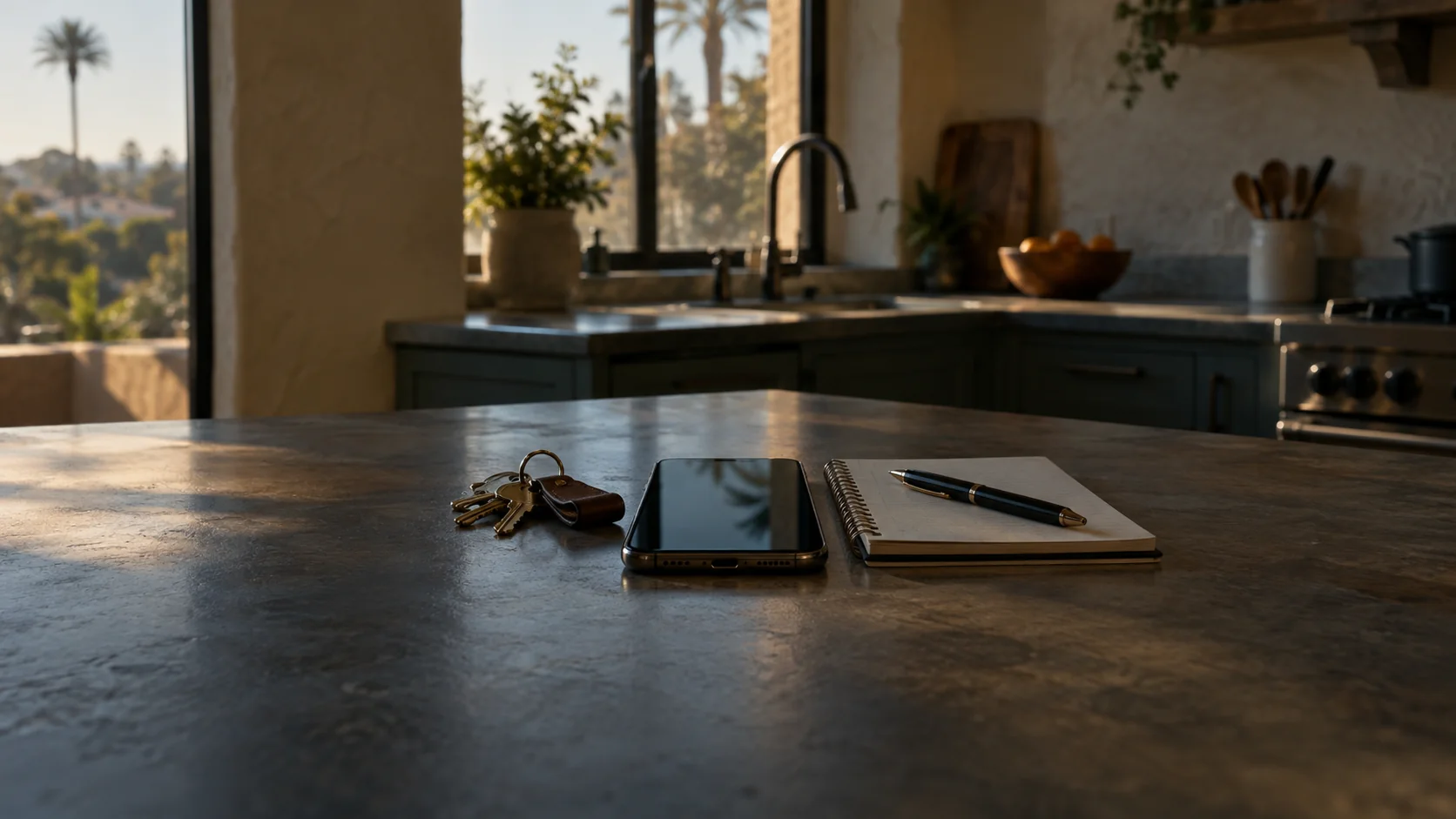 Smartphone on a kitchen counter beside keys and a notepad in warm morning light