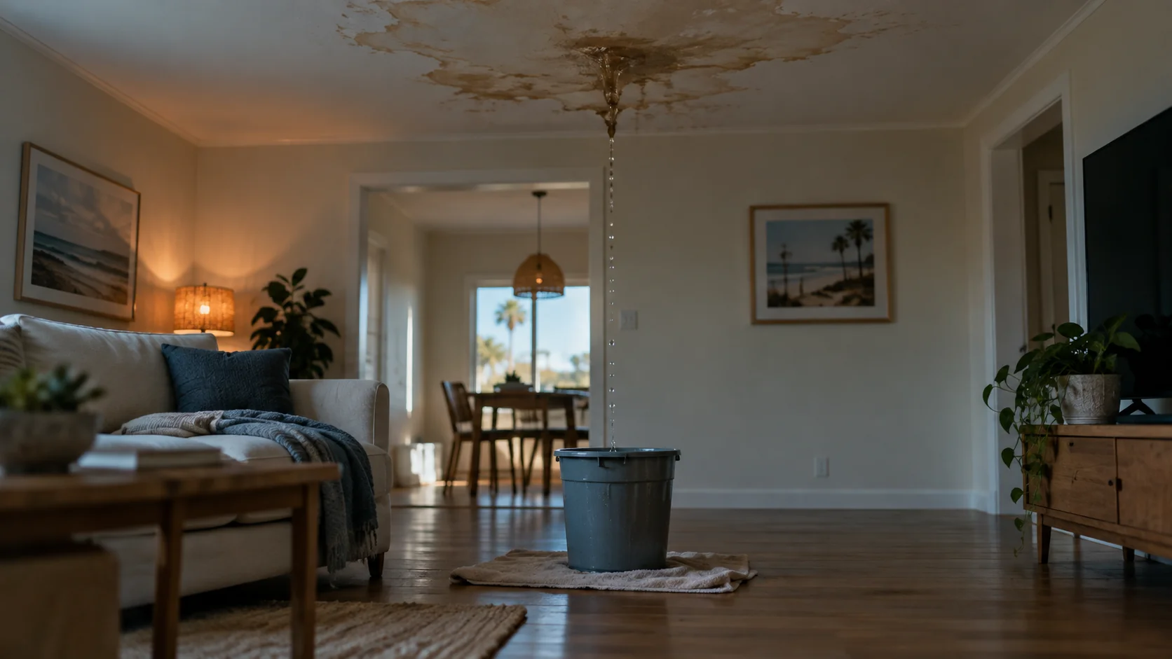 Brown water stain spreading across an apartment ceiling in Costa Mesa with a bucket catching drips