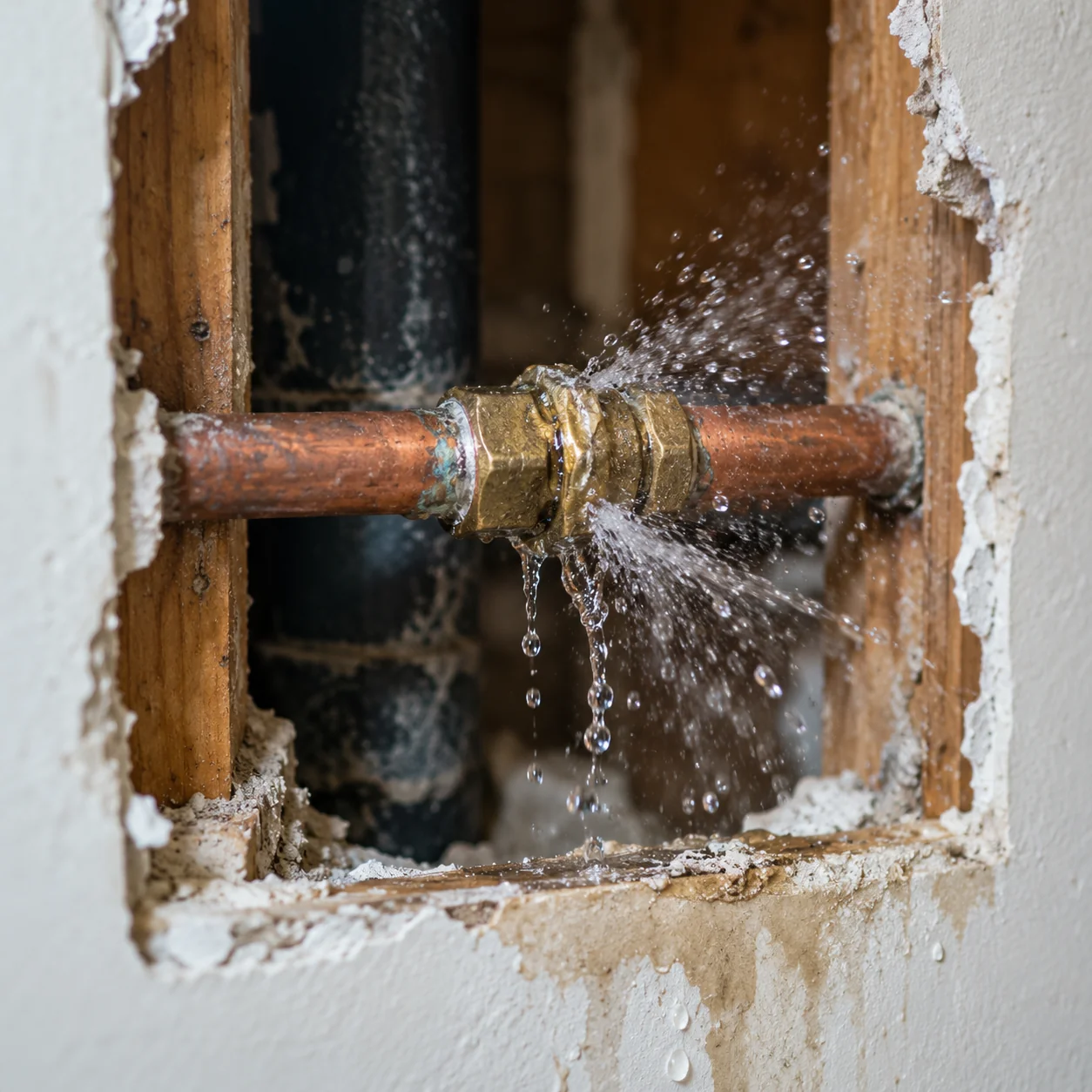 Water spraying from a failed brass fitting on a copper supply line inside a wall opening