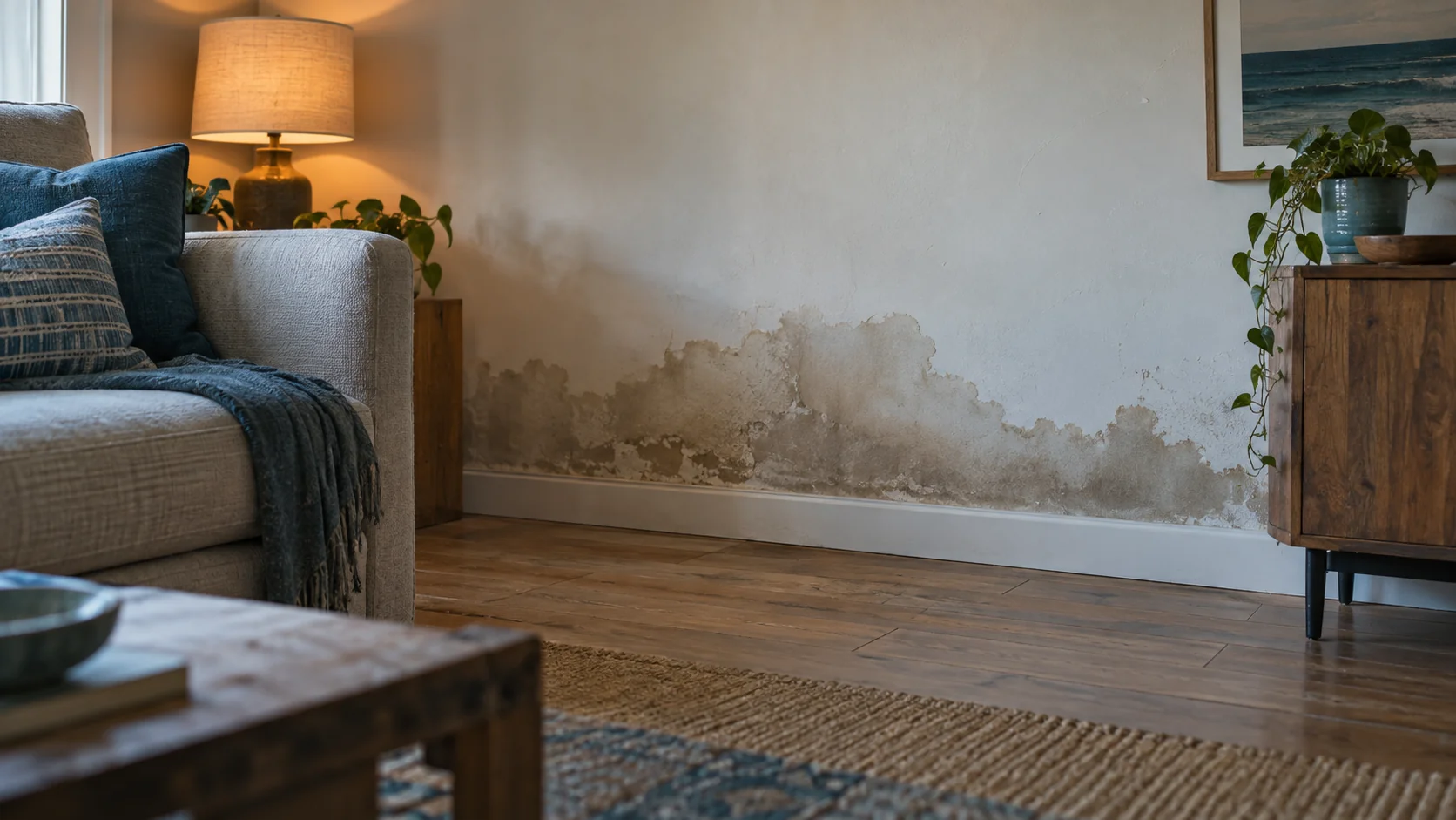 Water stain spreading across a shared wall in a Cypress townhome living room