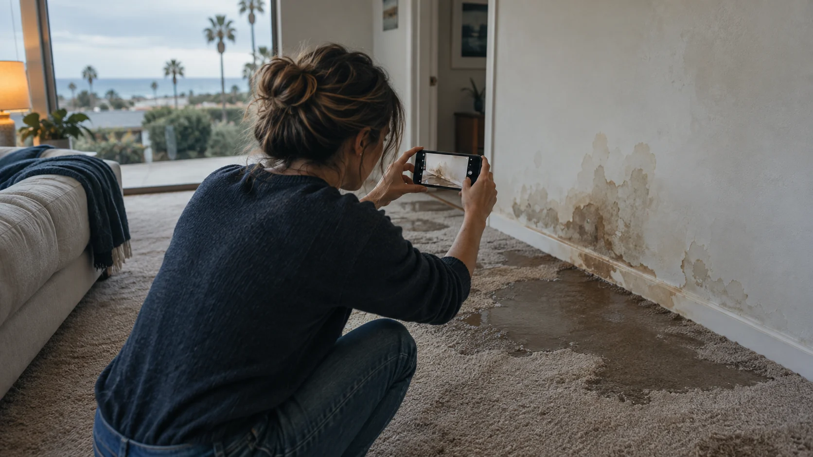 Homeowner photographing soaked carpet and a water-stained wall with a smartphone