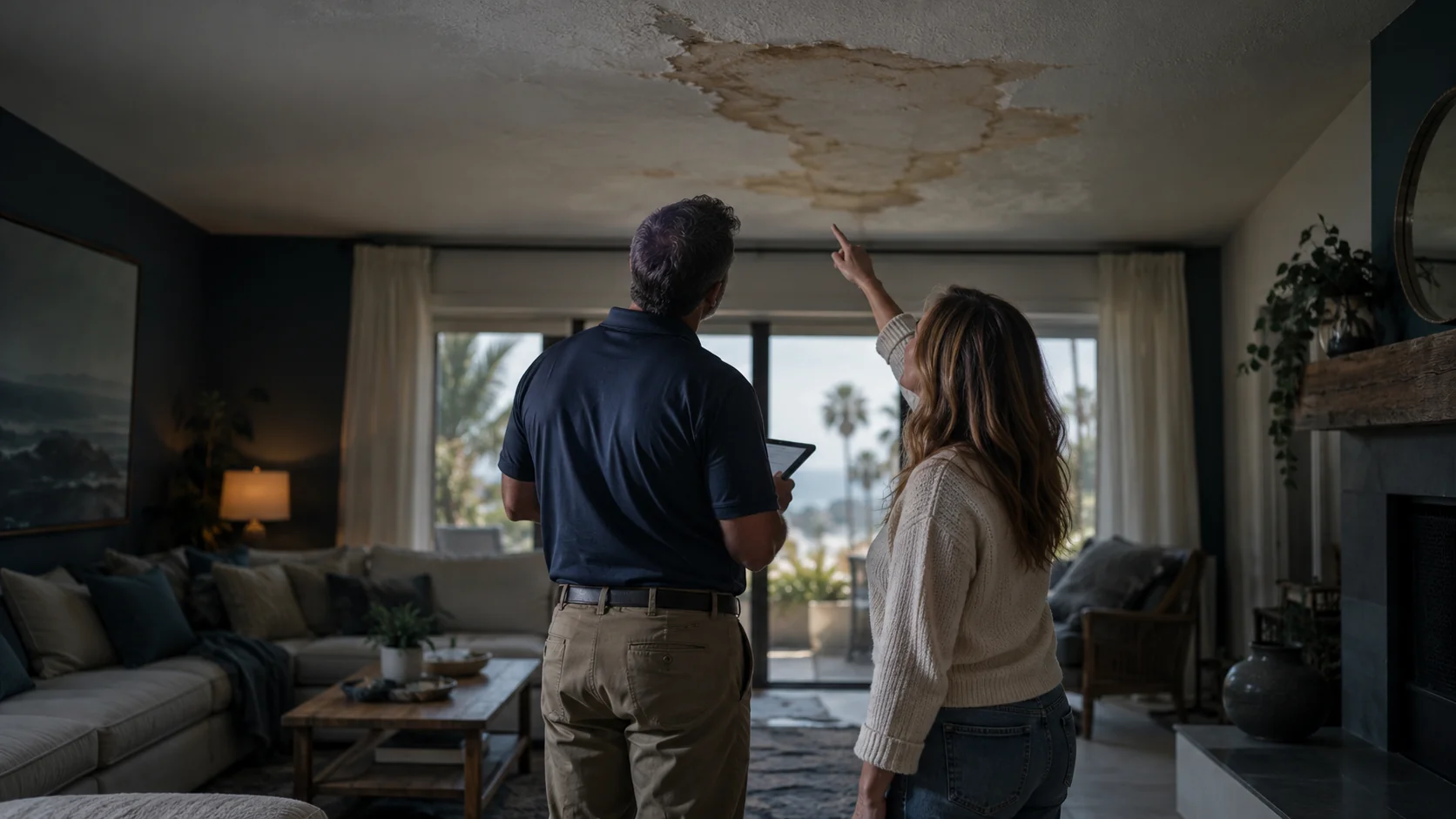 Insurance adjuster with a tablet looking at a large ceiling water stain as the homeowner points
