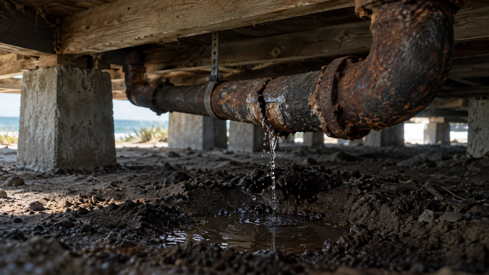 Cracked rusted cast iron drain pipe leaking onto crawlspace soil under an old downtown Huntington Beach bungalow