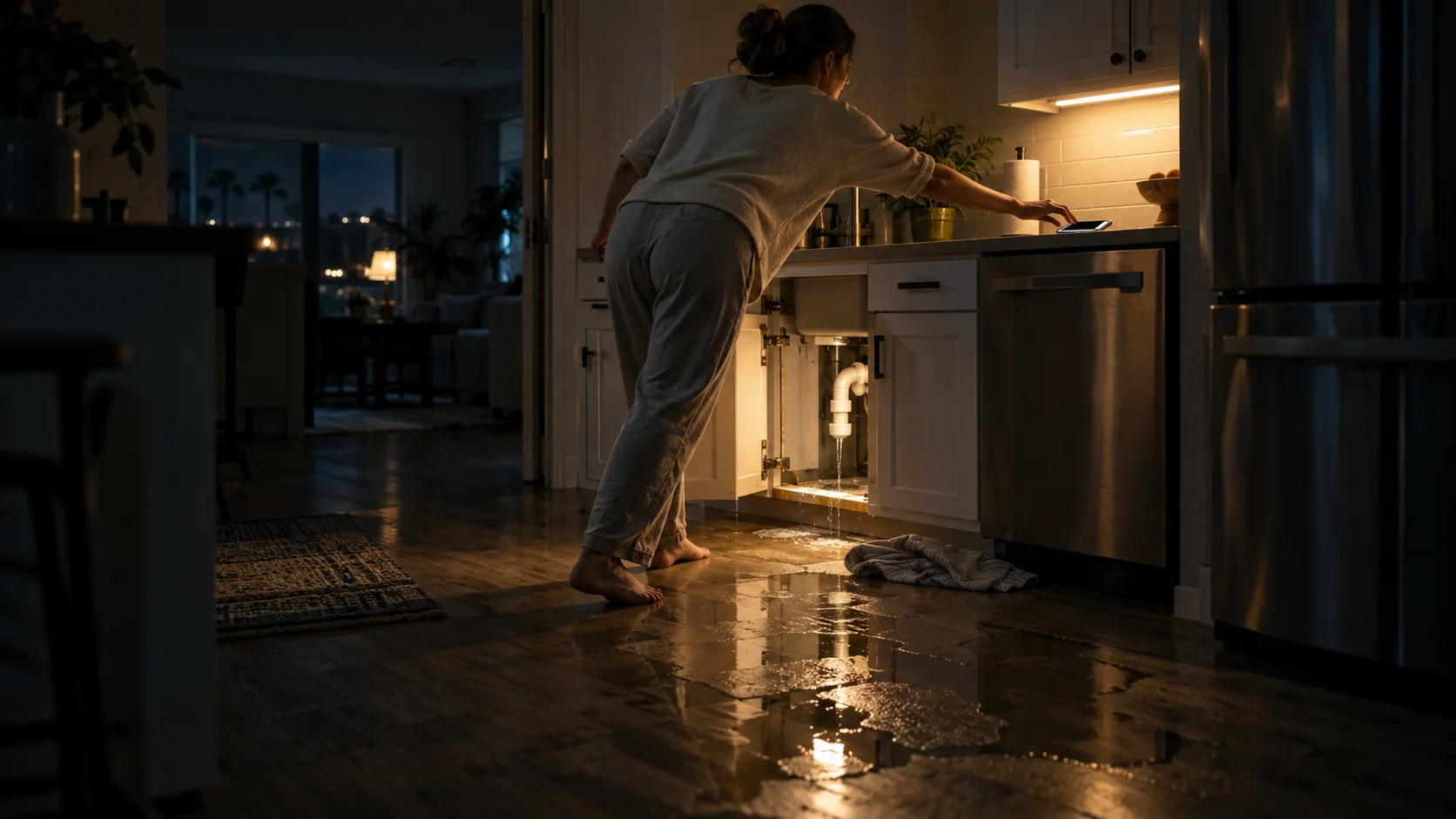 Water spreading across a vinyl kitchen floor at night as a hand reaches for a phone on the counter