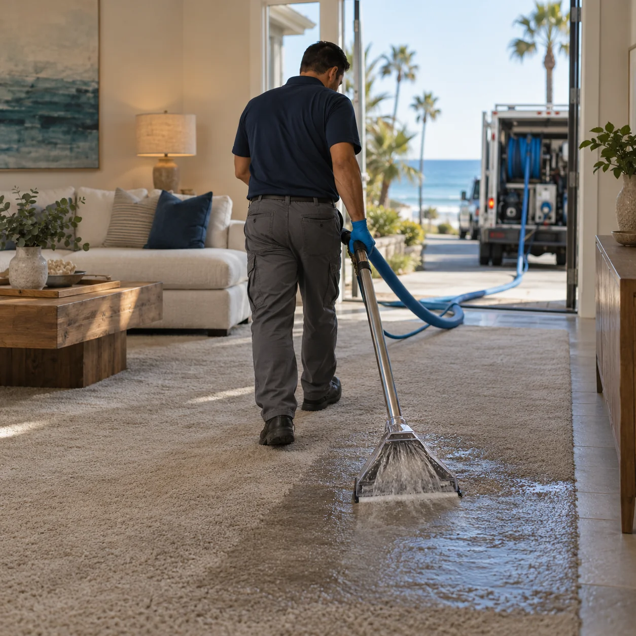 Technician extracting standing water from carpet with a truck-mount wand