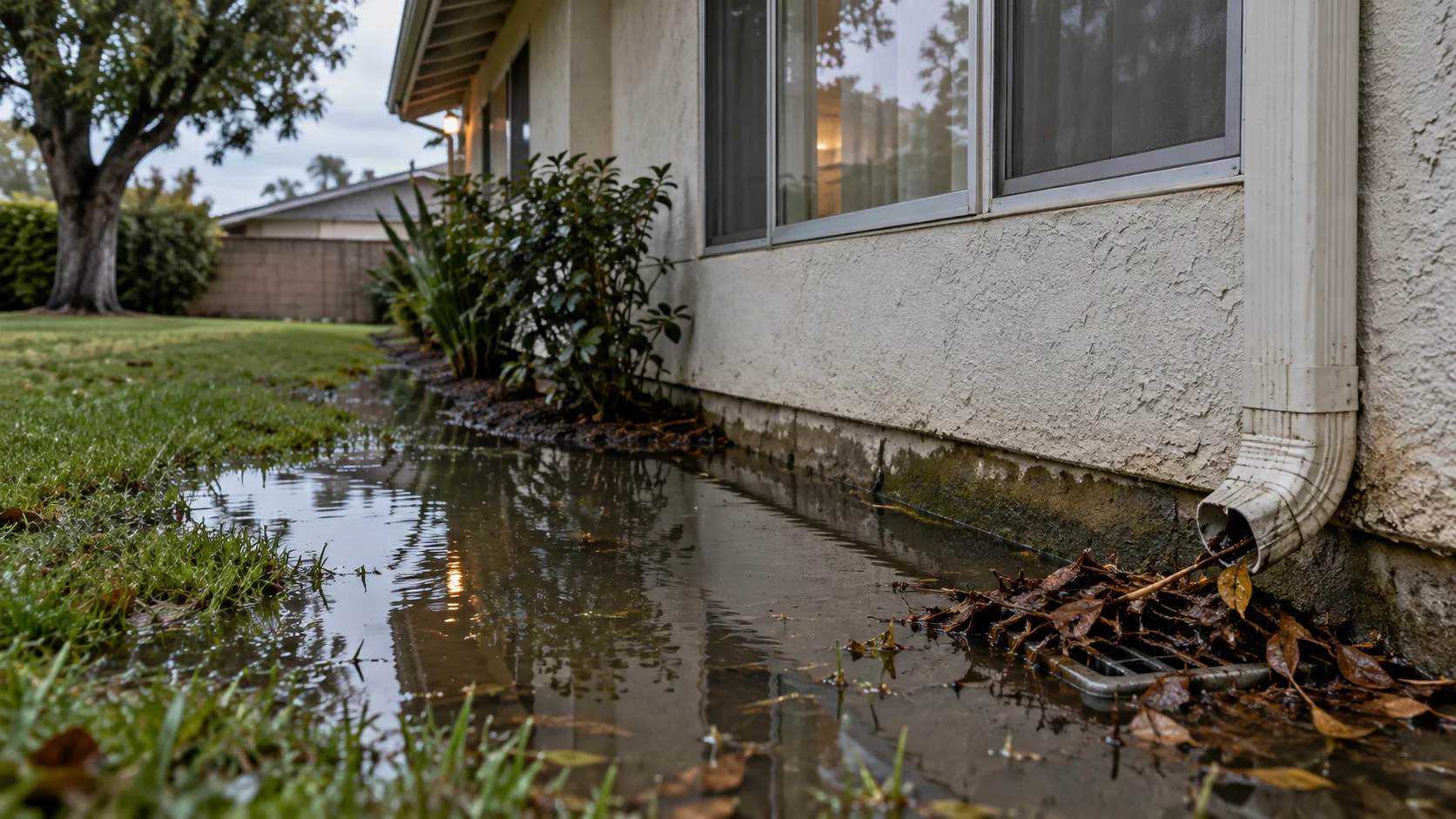 Standing water against the foundation of a Fountain Valley home after rain beside a clogged yard drain