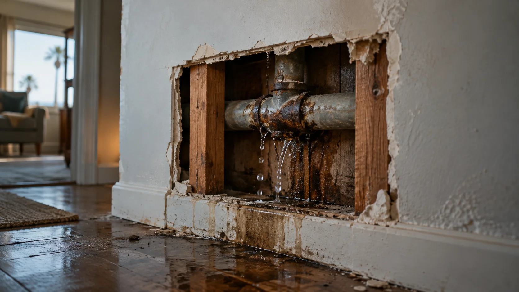 Rusted galvanized supply pipe leaking inside an opened wall of a 1950s Garden Grove home