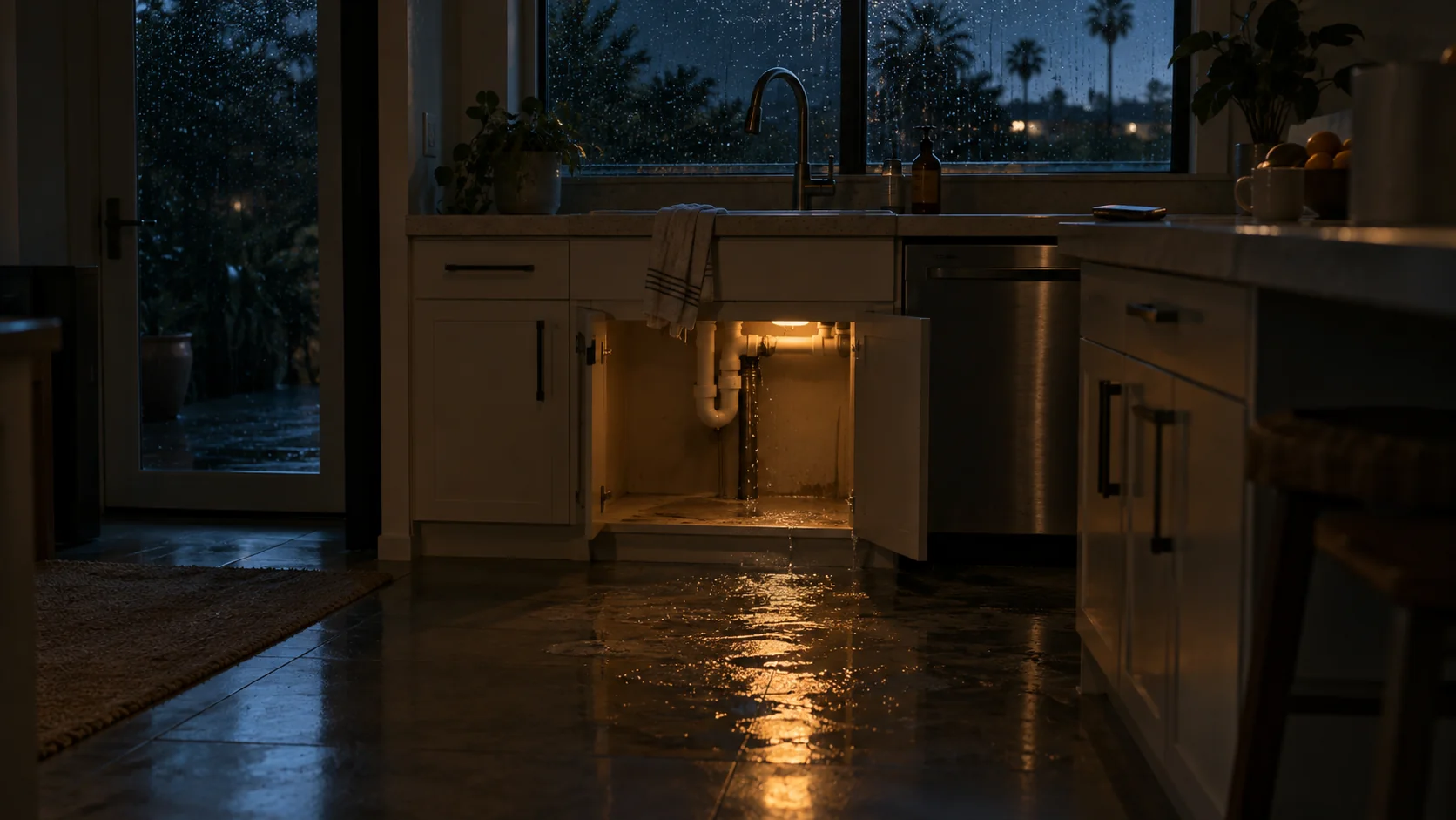 Water spreading across a kitchen floor from under the sink at night with a phone on the counter
