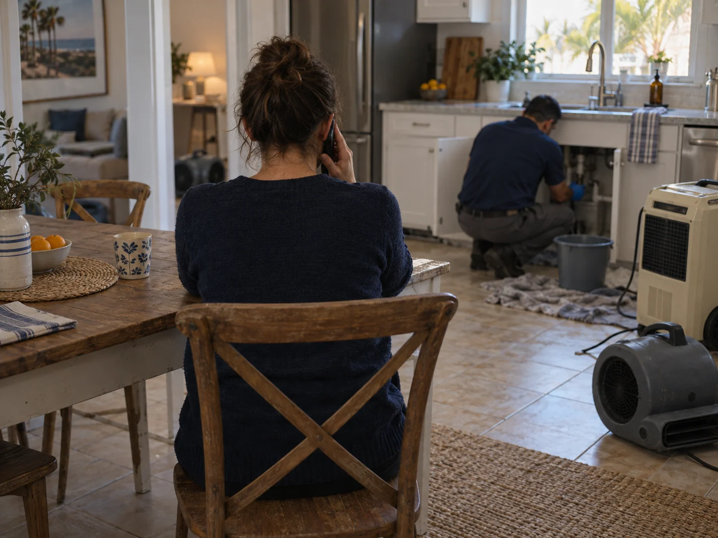 Homeowner seen from behind on a phone call at a kitchen table with a towel and bucket near a leak