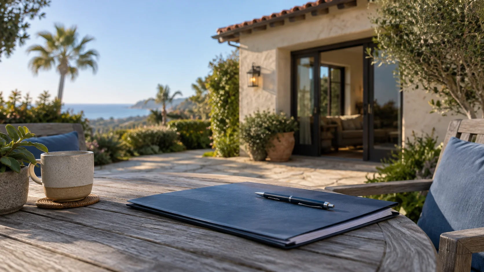 Stucco home exterior with an insurance policy folder and pen on a patio table in the foreground