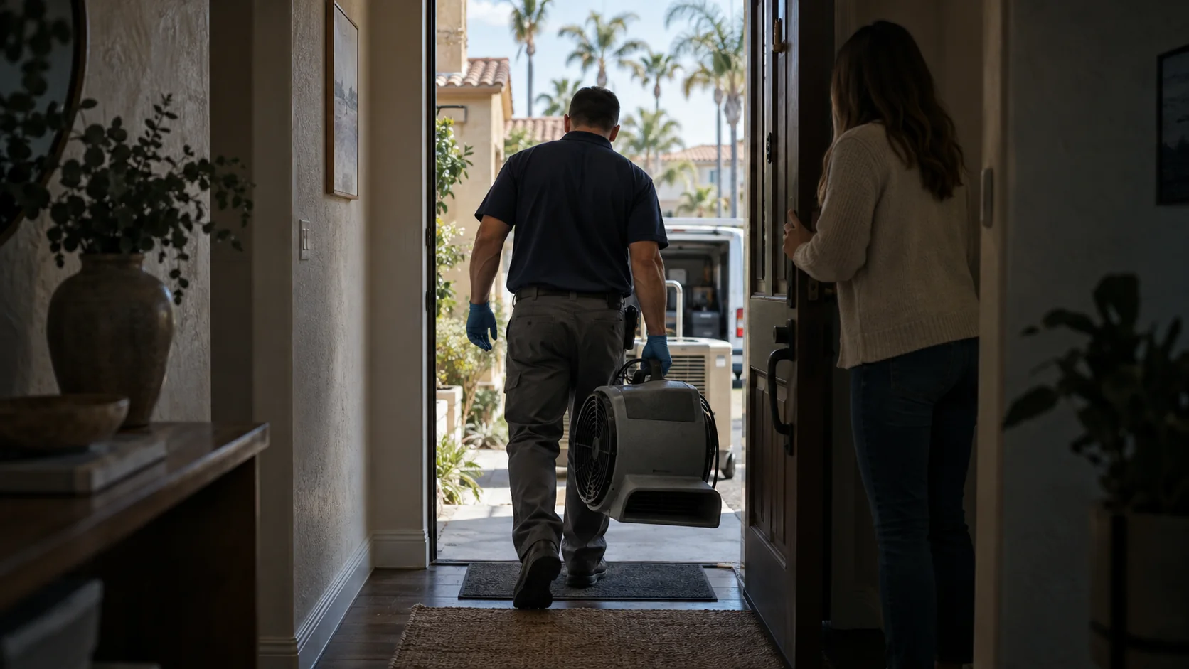 Technician carrying an air mover through the front door of a Huntington Beach stucco home