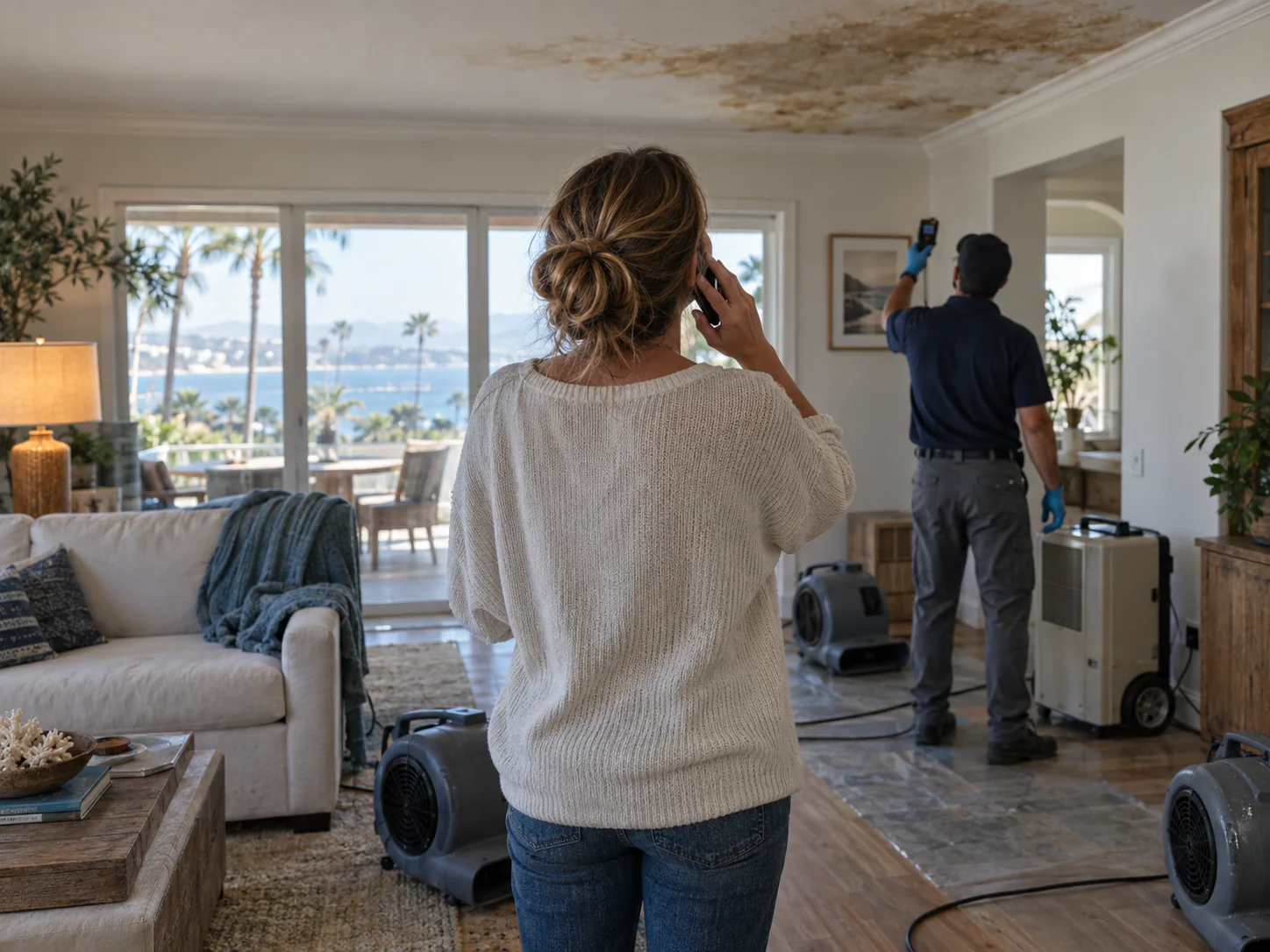 Homeowner on the phone looking up at a brown water stain spreading across a living room ceiling