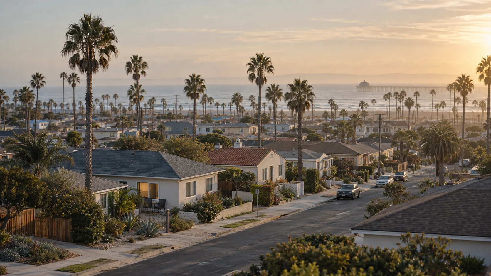 Older one-story stucco homes and palm trees in a Huntington Beach neighborhood near the pier