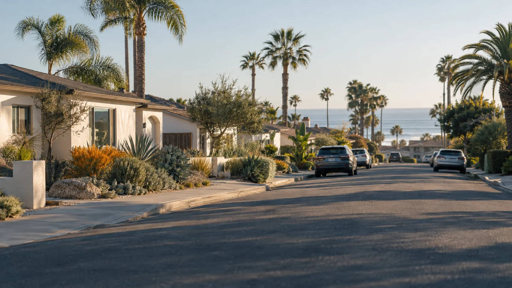 Quiet Huntington Beach residential street with one-story stucco homes, palms and drought-tolerant yards