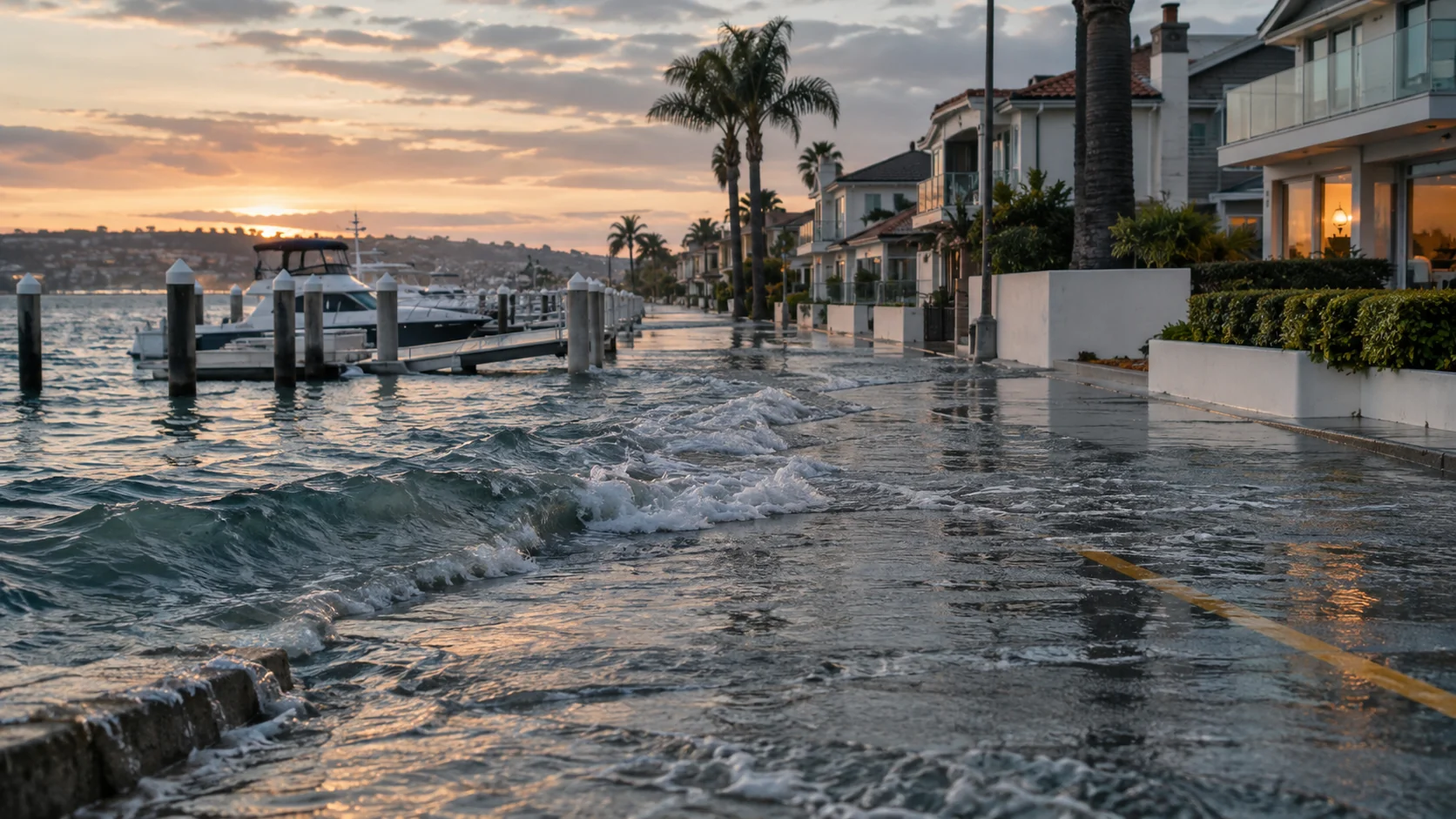 King tide pushing harbor water over the bulkhead into a Huntington Harbour street with boat docks