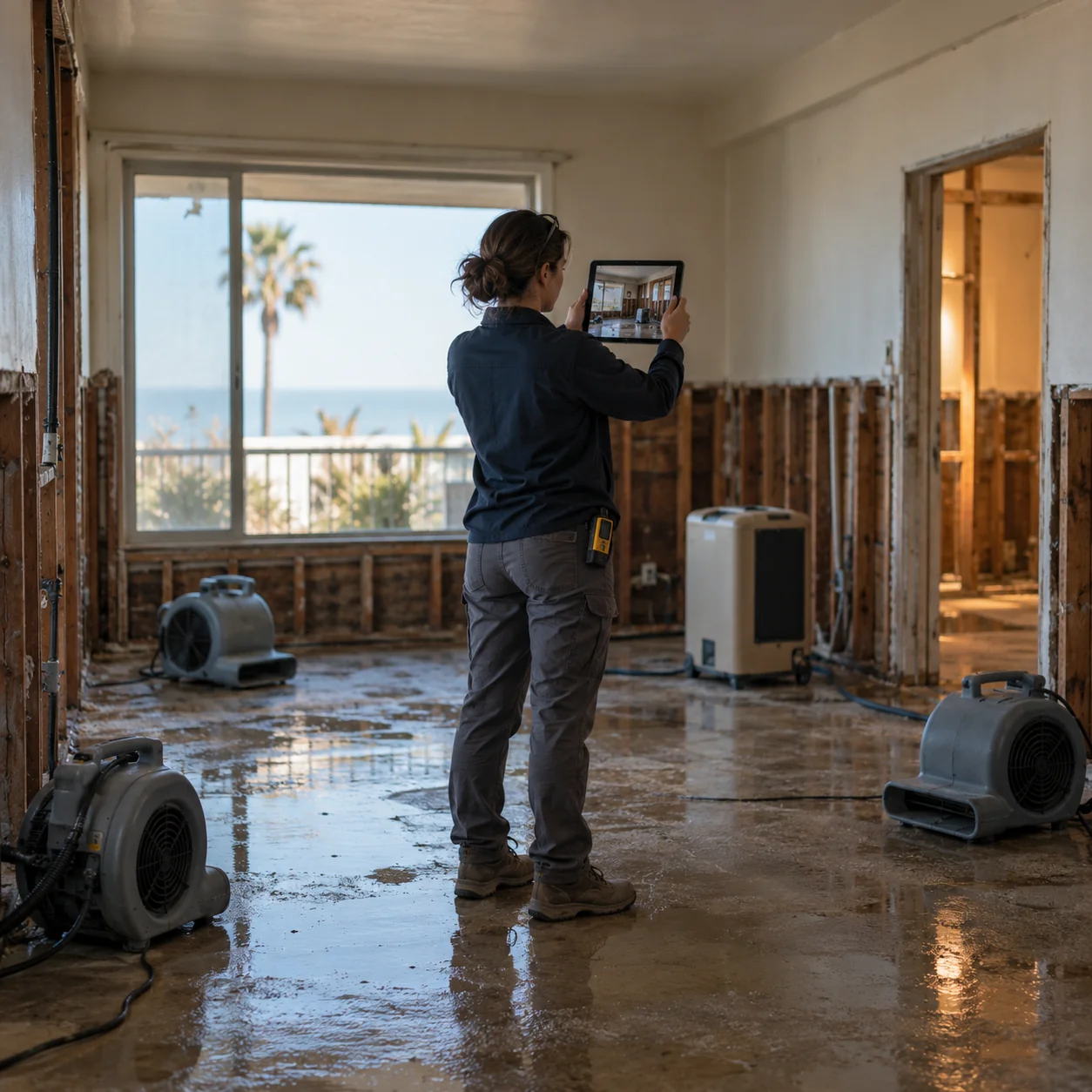 Insurance adjuster with a tablet photographing a stripped, wet room where air movers are running