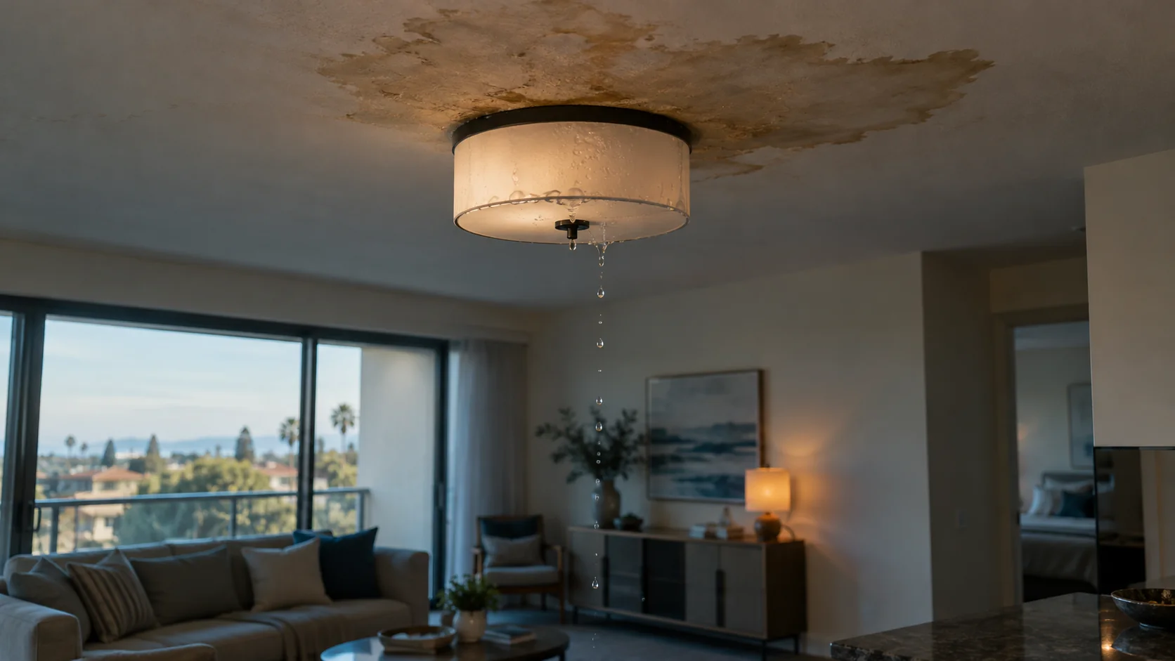 Water dripping through a ceiling light fixture in an Irvine condo with a stain spreading overhead