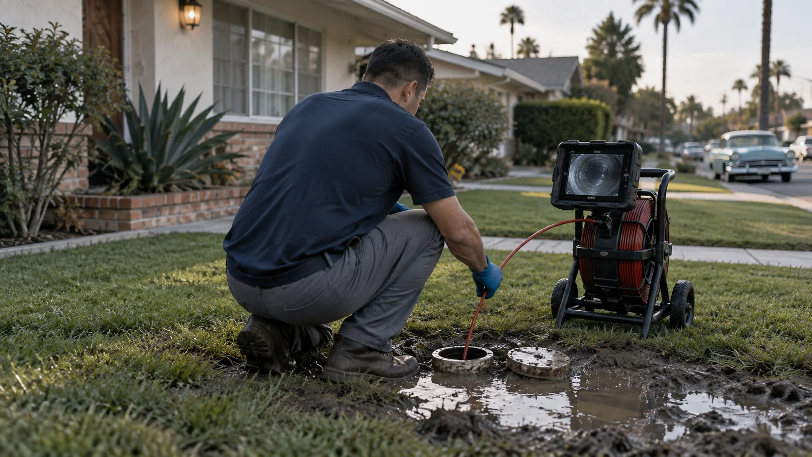 Plumber feeding a camera into the front-yard sewer cleanout of a 1950s Lakewood home with murky water
