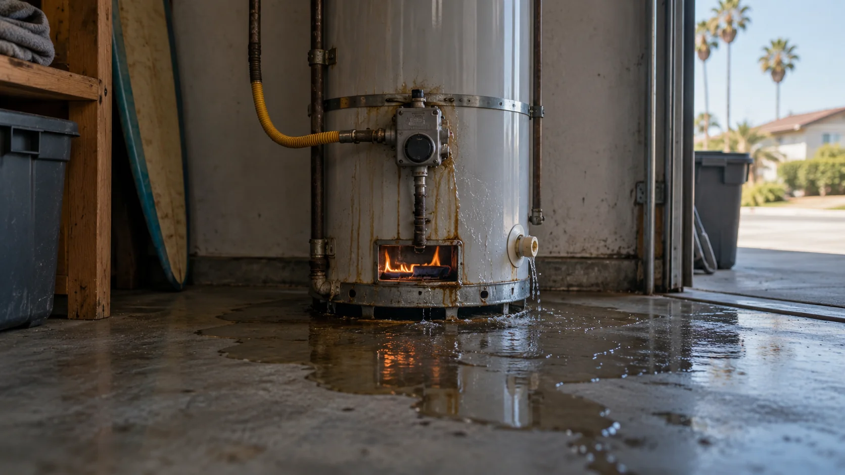 Leaking water heater in a garage with water near the gas valve and a flame visible in the burner window