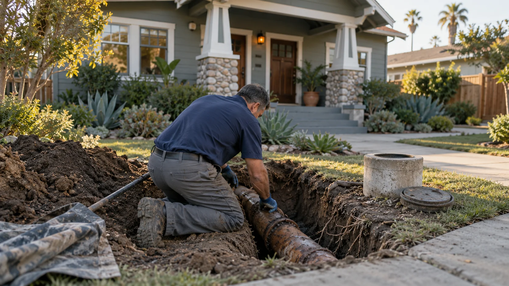 Plumber at the sewer cleanout of a Long Beach Craftsman bungalow with an old clay lateral exposed in a trench