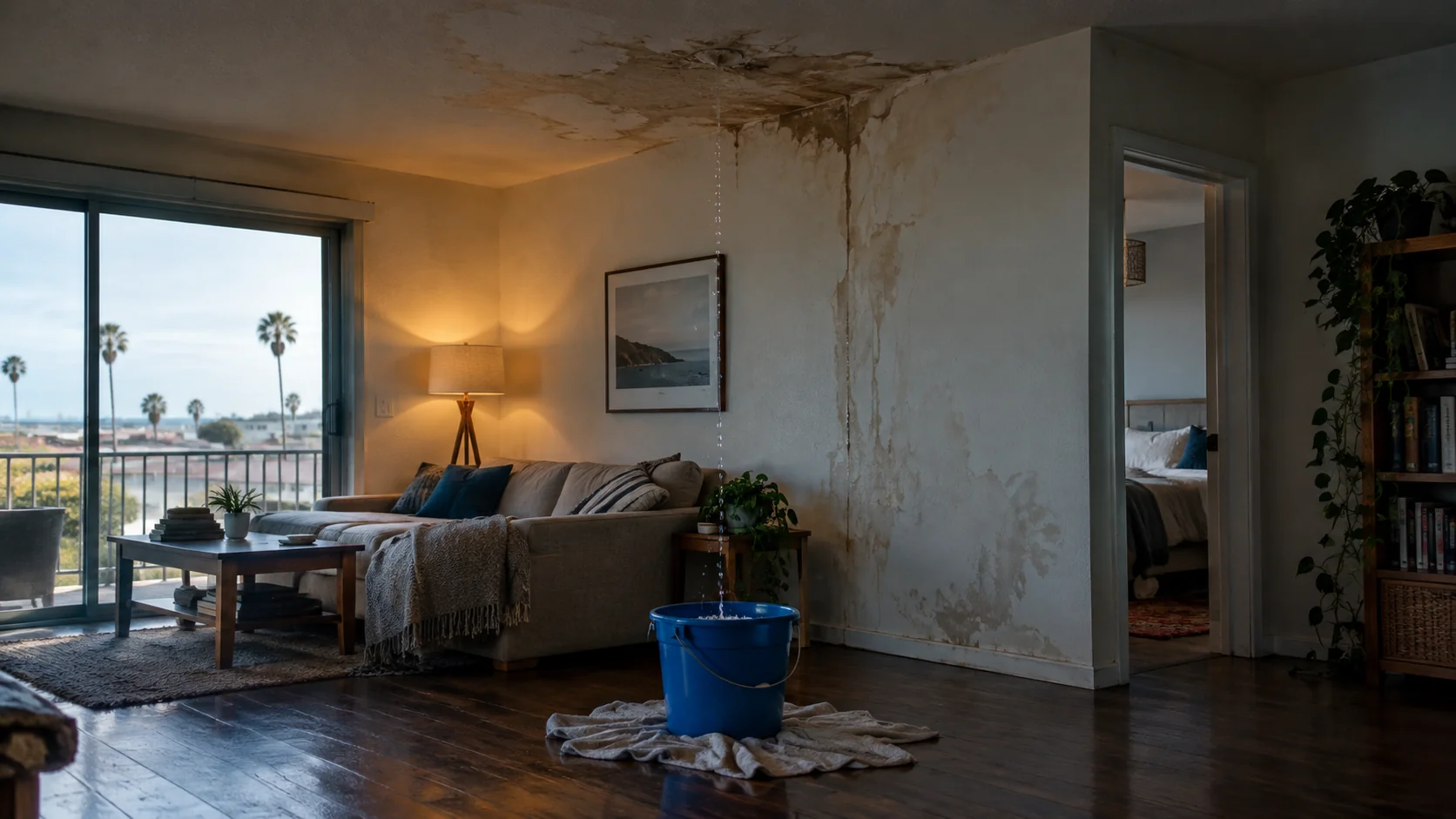 Ceiling leak in a small Los Alamitos apartment dripping into a bucket from a stained shared wall
