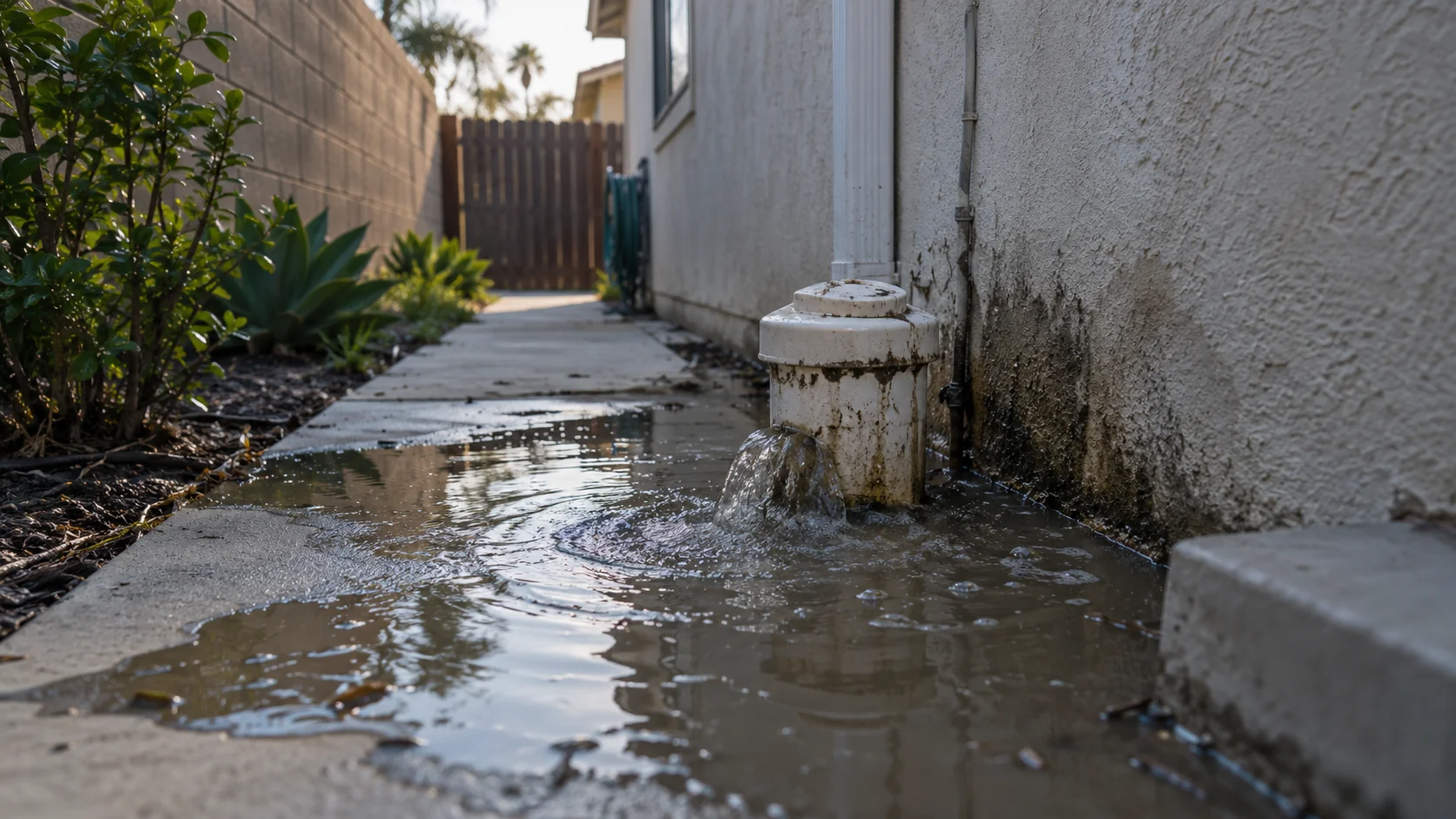 Backed-up sewer cleanout in the side yard of a Midway City home with murky water on the path