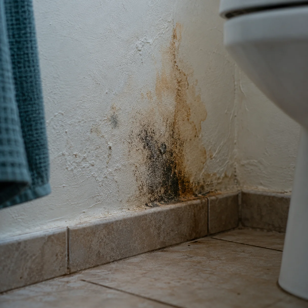 Black mold growing beside an old brown water stain on a bathroom wall near the floor