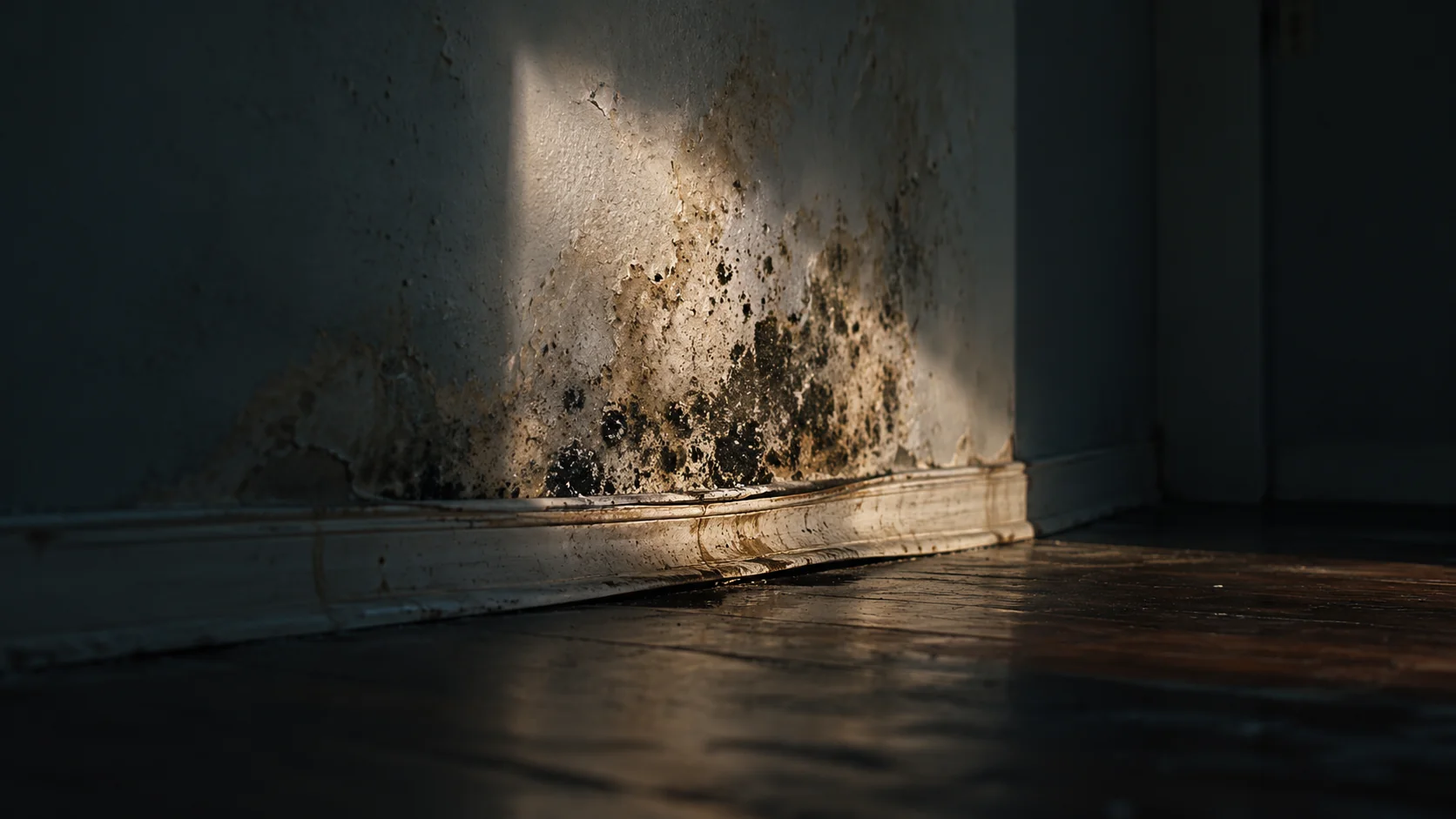 Dark mold spreading across damp drywall and a warped baseboard in a dim room