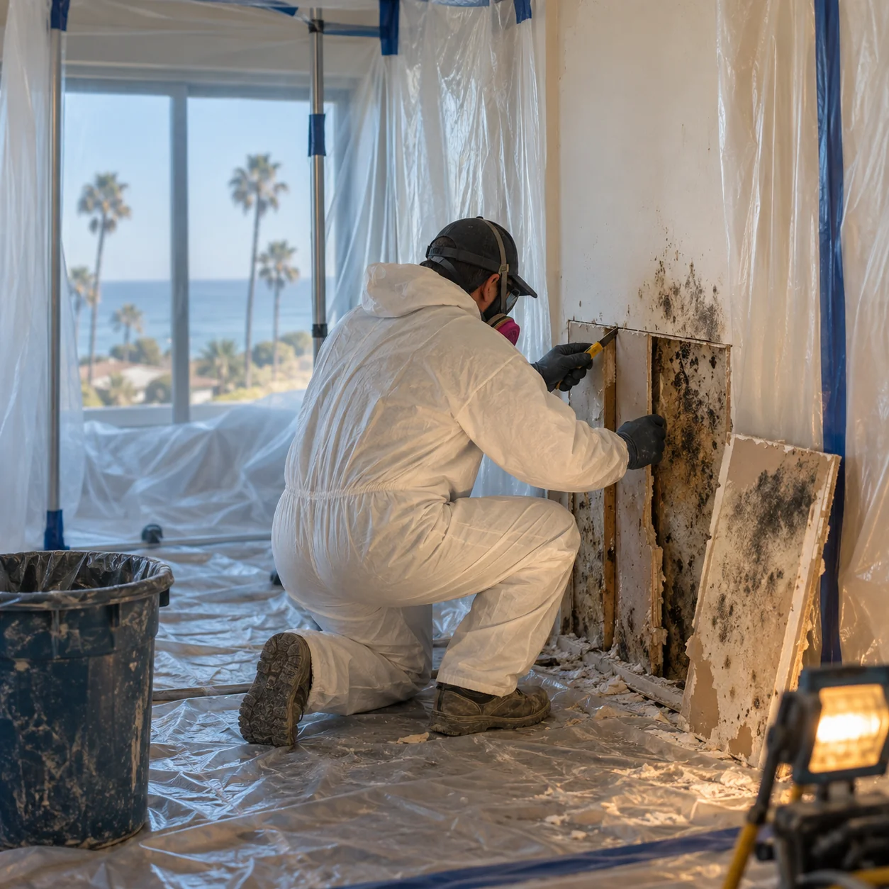 Technician in a respirator and Tyvek suit cutting out moldy drywall inside plastic containment