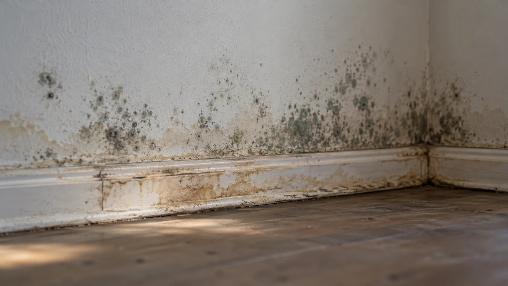 Gray-green mold spots spreading up damp white drywall from a stained baseboard