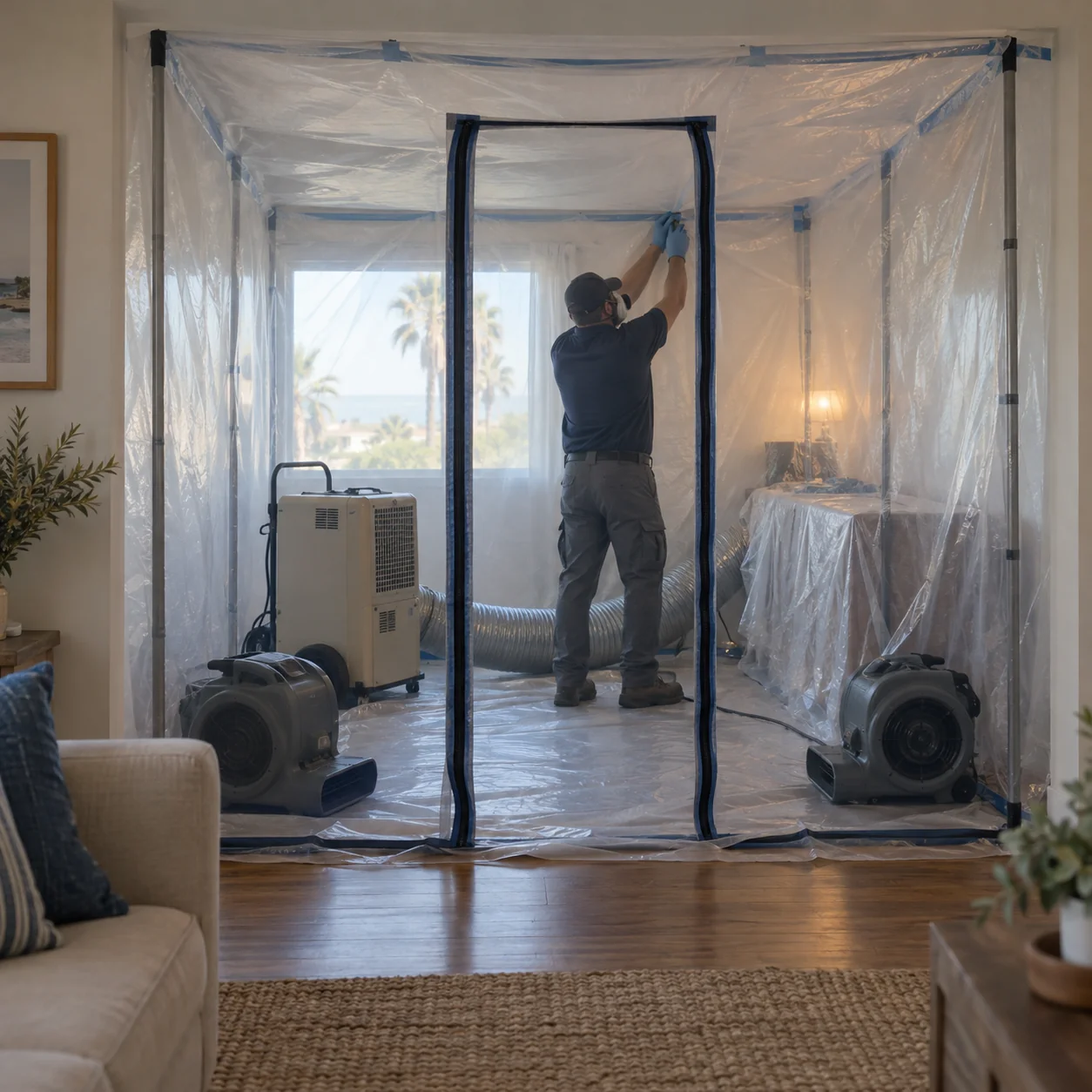 Room sealed with clear plastic containment, an air scrubber inside and a technician in protective gear