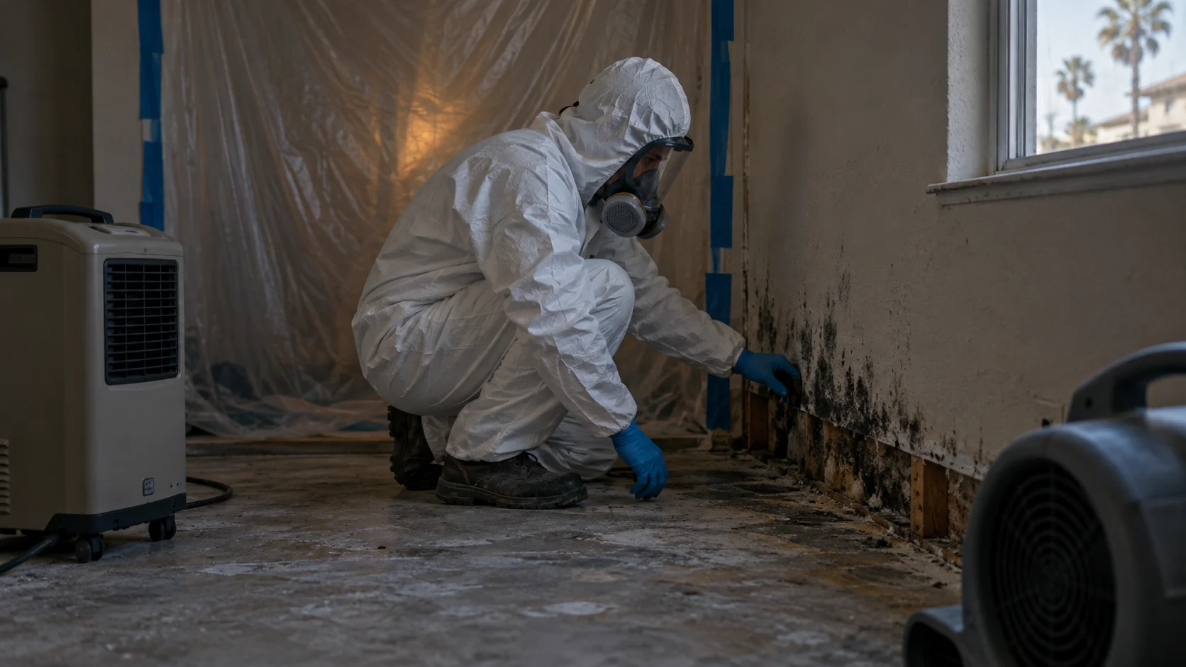 Technician in a respirator and Tyvek suit beside black mold on a lower wall behind a removed baseboard